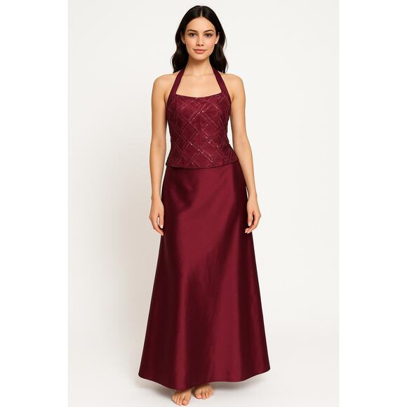 Vtg Y2K  Zum Zum Niki Livas wine Taffeta Iridescent Skirt & sequin halter Top XS - Picture 1 of 16